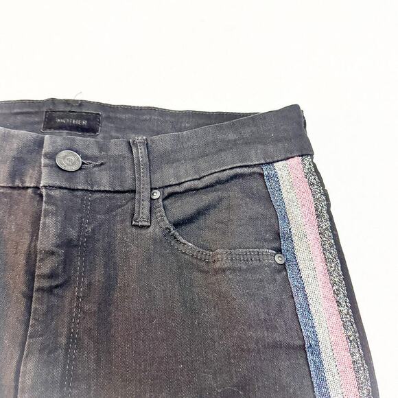 Mother High Waisted Looker Ankle Fray Guilty Glitter Race Black Denim Jeans SZ27 - Picture 6 of 10